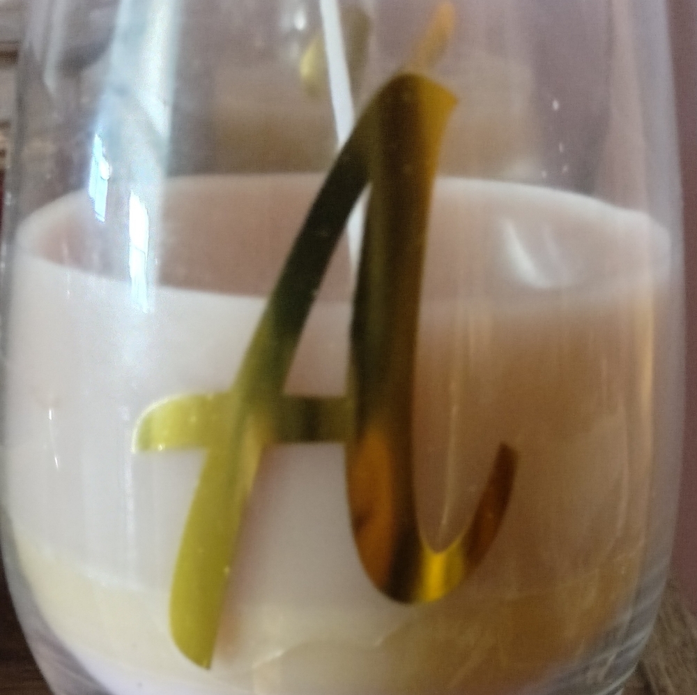 beautiful intial letter A wine glass homemade candle